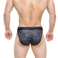 MetroMaleWear Fractal Sports Bikini 3004-M42 black geometric patterned men’s briefs with sheer mesh and solid waistband