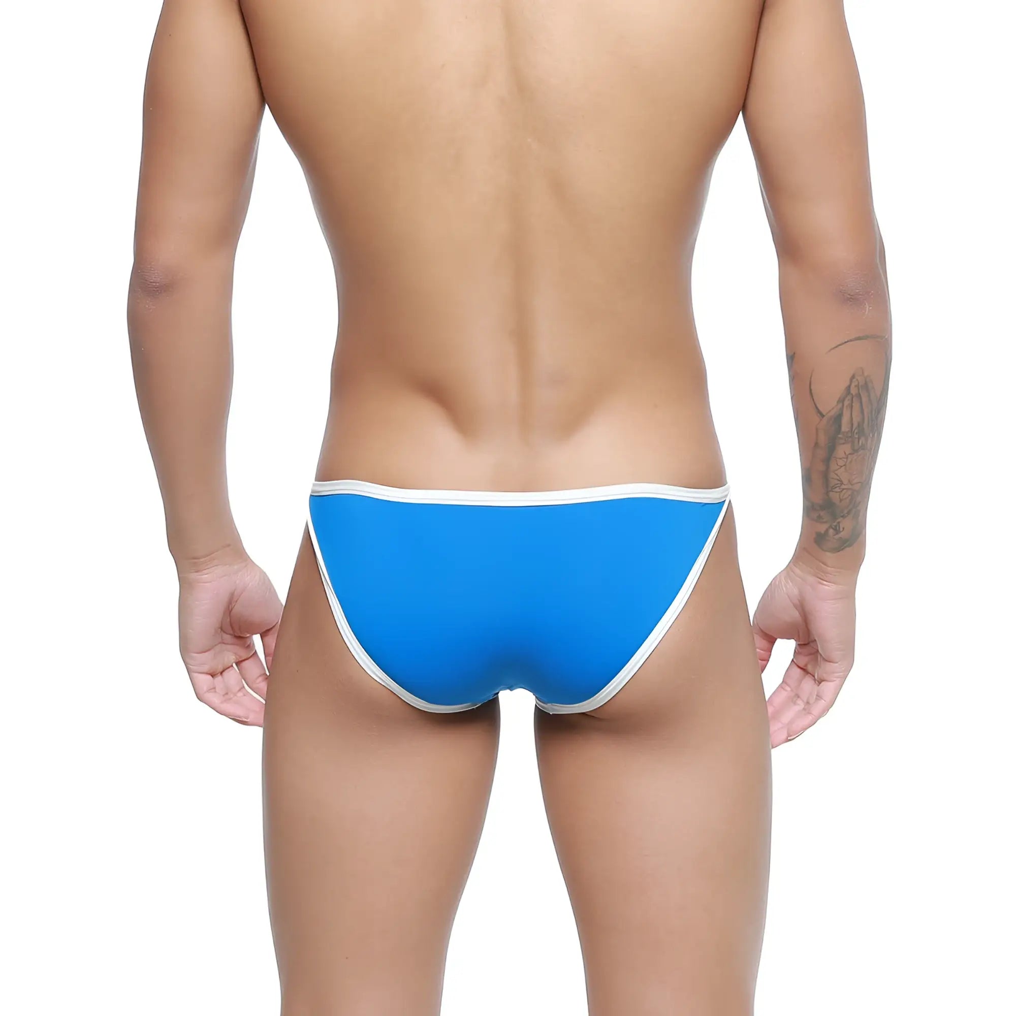 Bright blue metro malewear freedom bikini briefs with white trim and comfortable stretch fabric