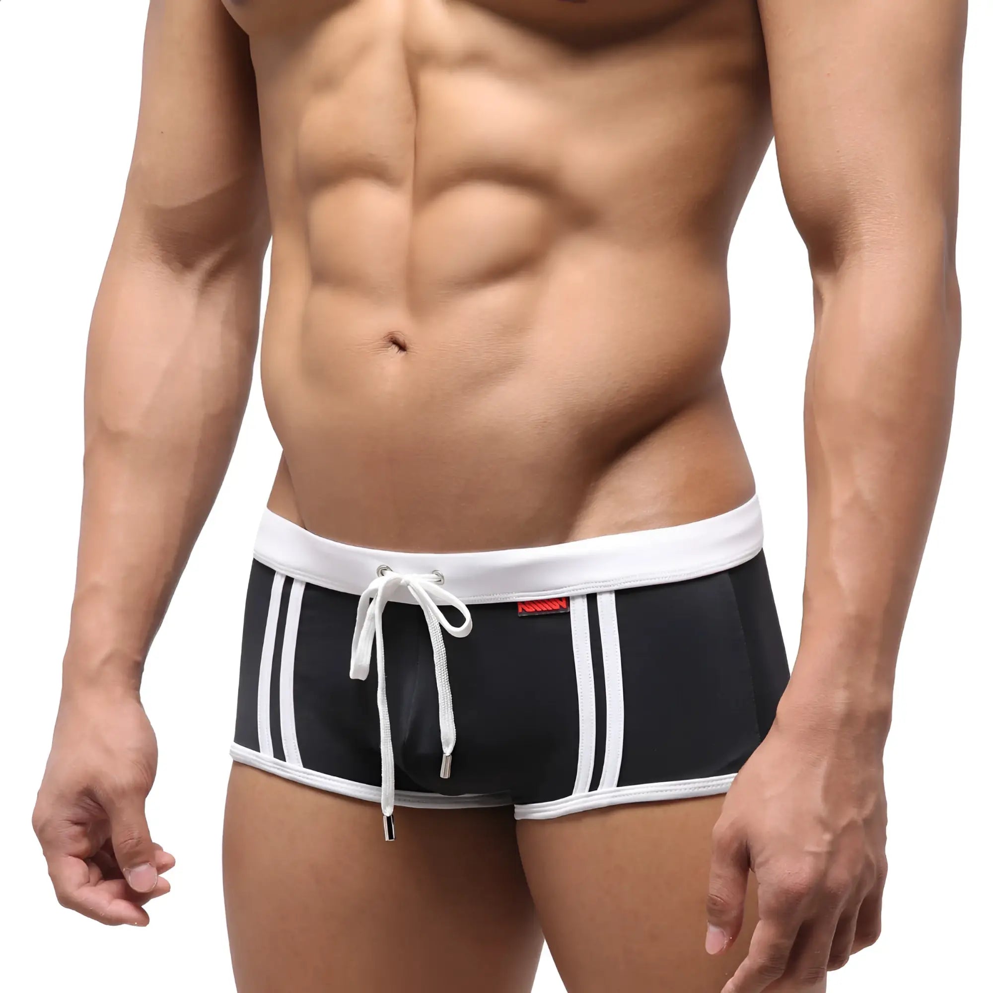 MetroMaleWear Fresco swim trunk black with white stripes and matching drawstring waistband for men