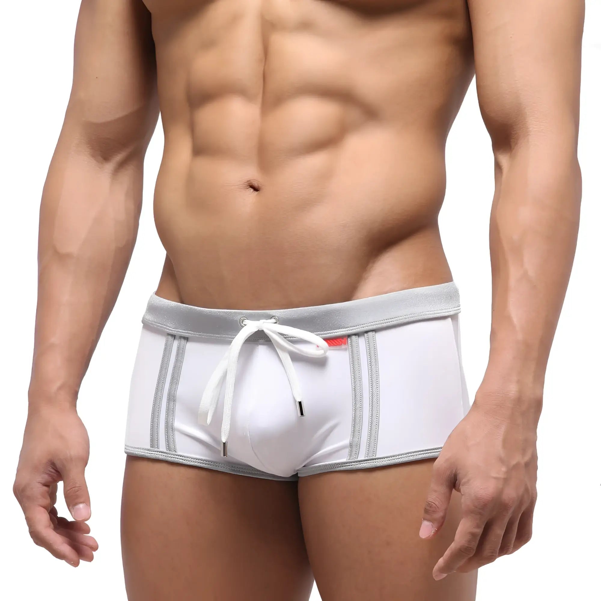 MetroMaleWear fresco swim trunk crystal 4944-00 white swim trunks with gray trim and white drawstring front view