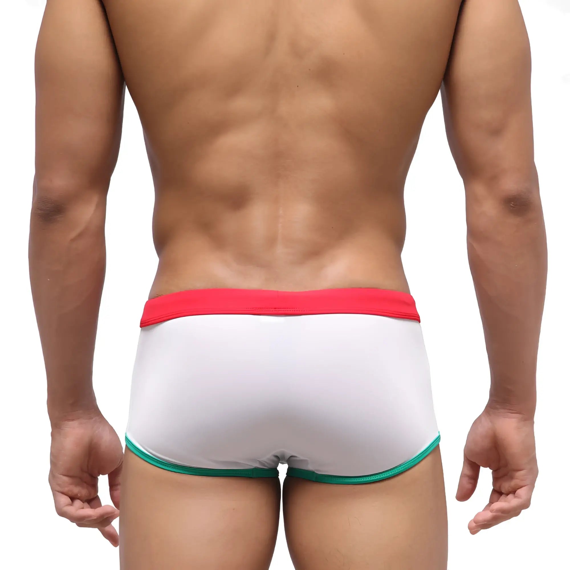 White briefs with red waistband and green trim from metromalewear fresco swim trunk italy 4944-07 collection
