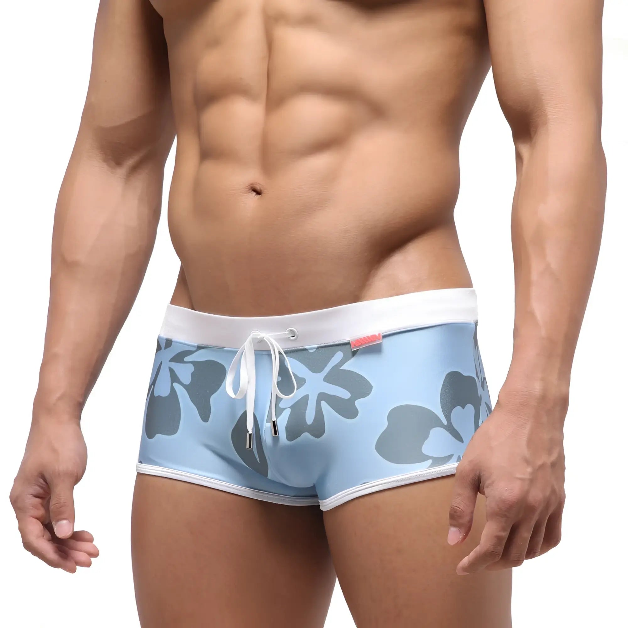 Light blue metro male wear fresco swim trunk with gray floral pattern white trim and drawstring waistband