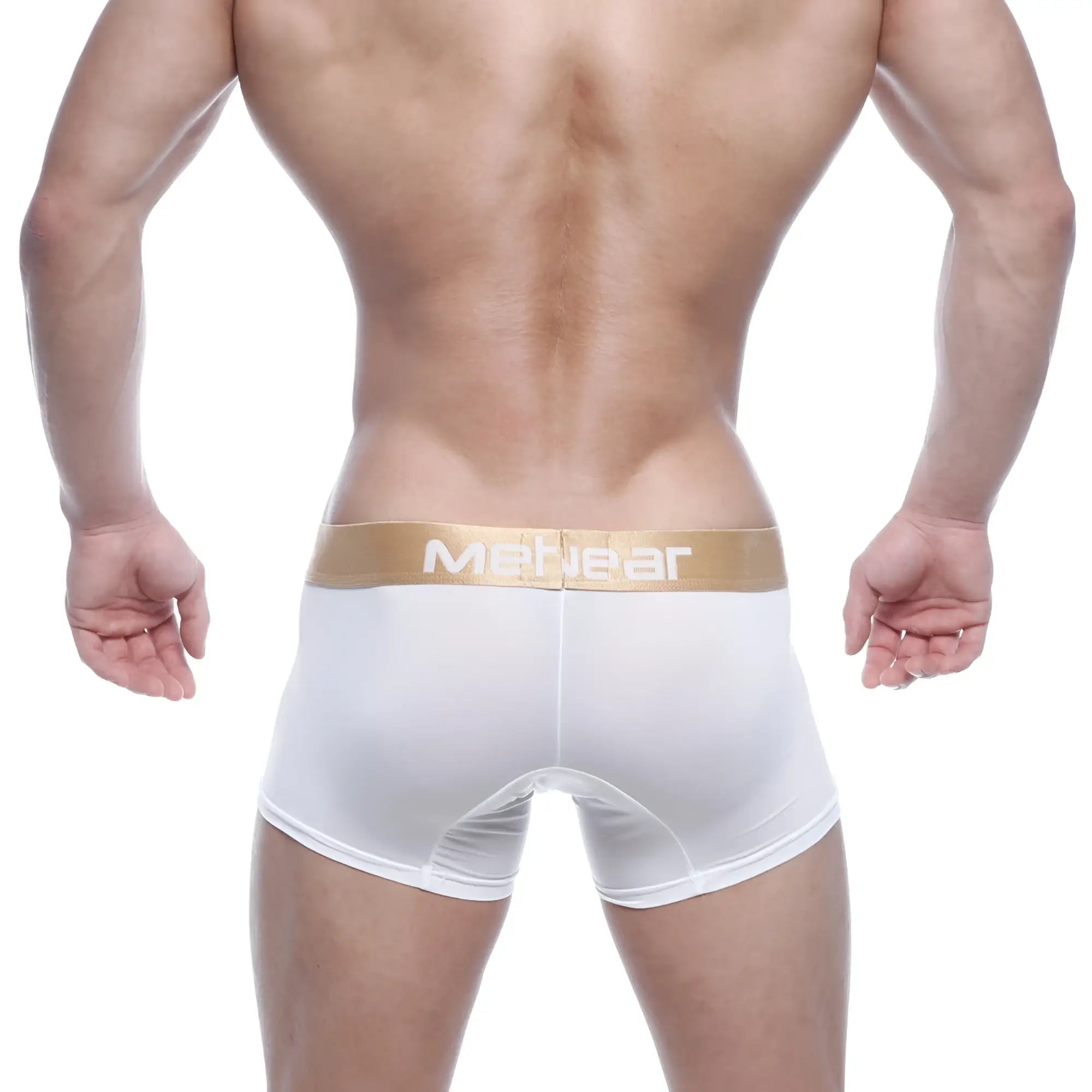 White men’s briefs metro malewear fresh short boxer 7 inch with gold waistband and menwear logo in white lettering