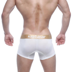 White men’s briefs metro malewear fresh short boxer 7 inch with gold waistband and menwear logo in white lettering