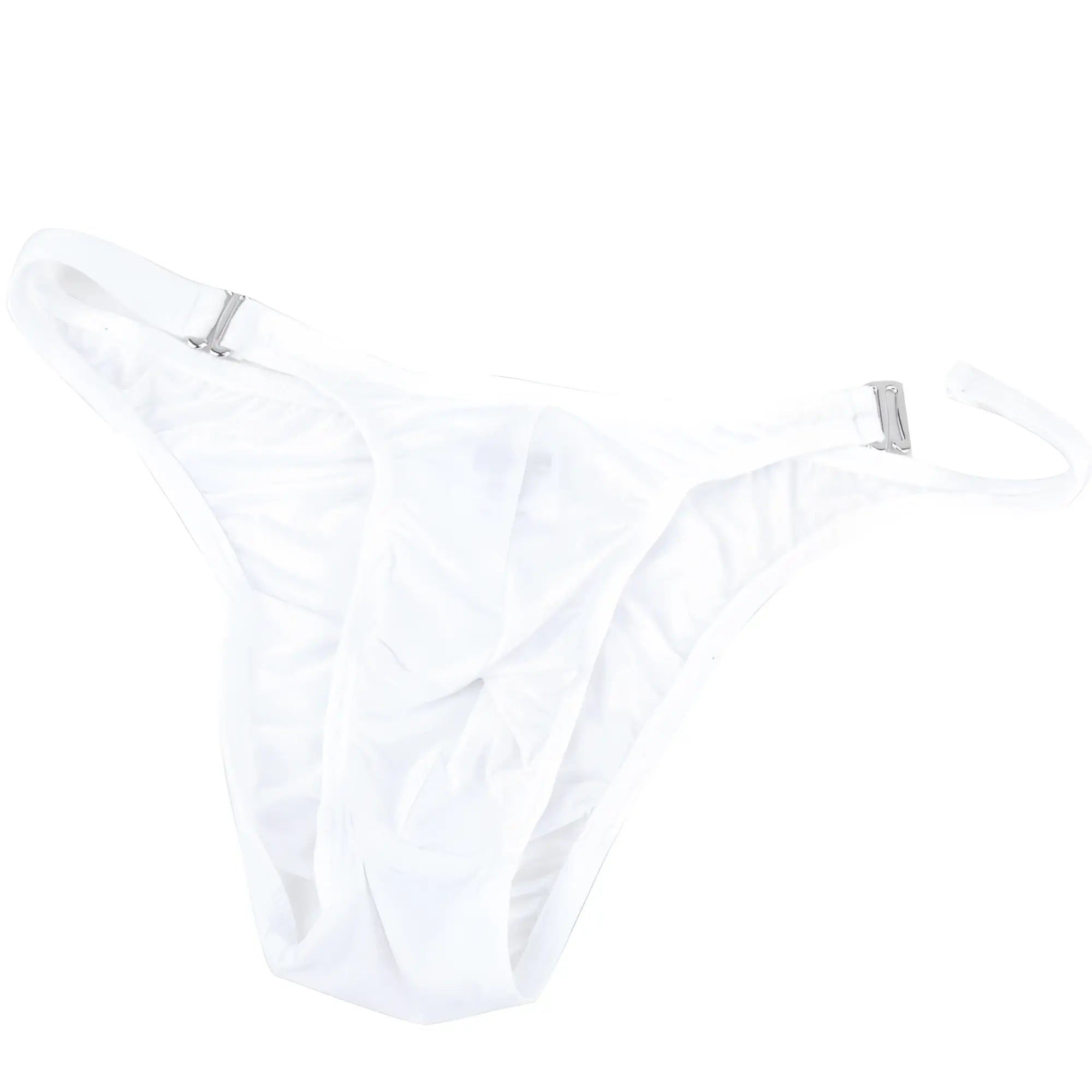 White thong by metromalewear made of smooth stretchy fabric with silver toned metal clasps at the sides