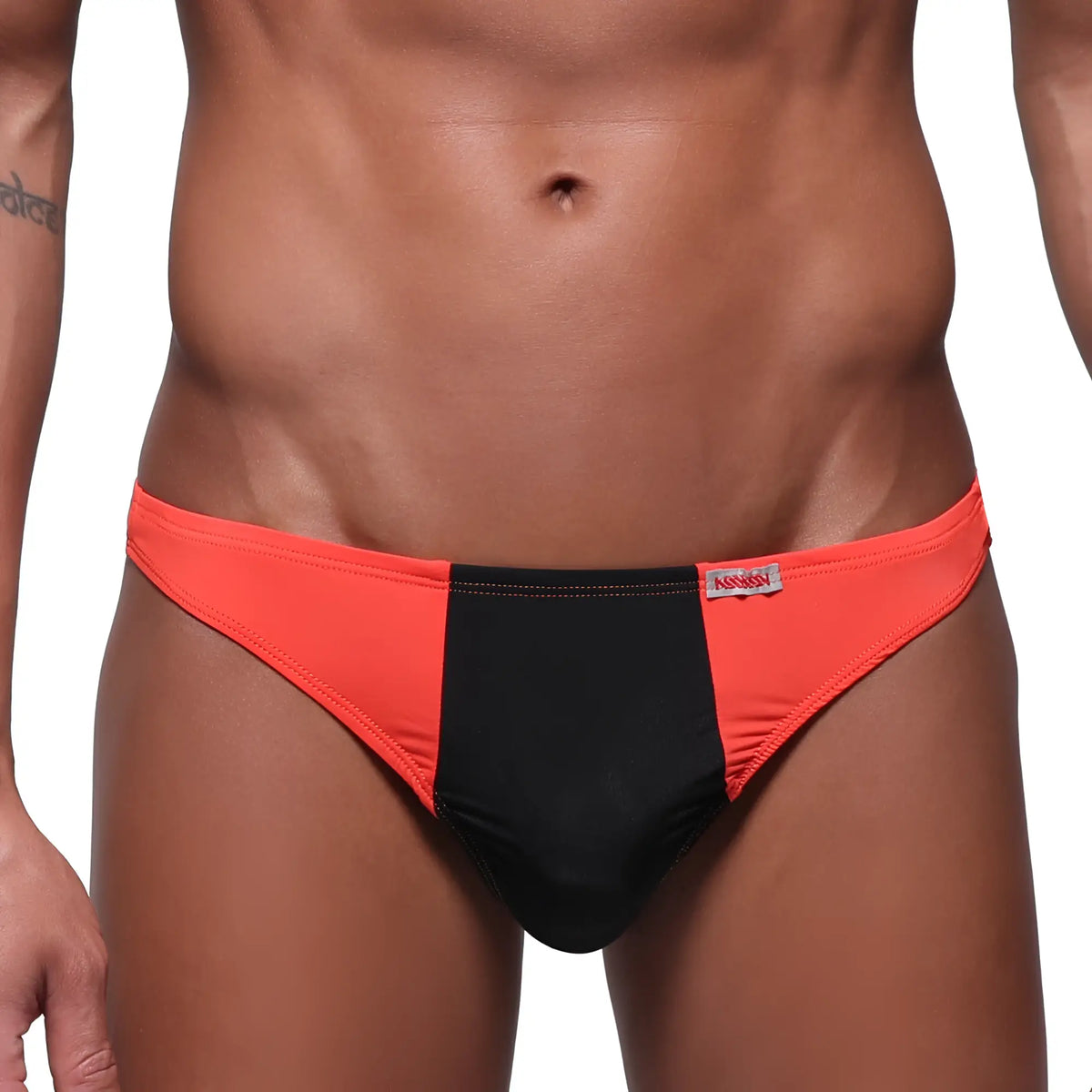 MetroMaleWear fun g coral 6202-14 orange and black two-tone briefs with red brand tag on waistband