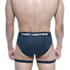 Black metrowear garter hip brief featuring a snug fit and elastic waistband for comfortable support