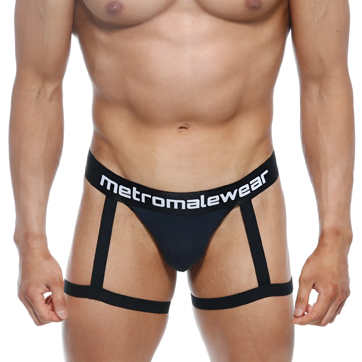 Black metromalewear garter thong briefs with supportive strappy design shown from the back side