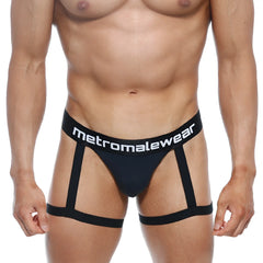 Black metromalewear garter thong briefs with supportive strappy design shown from the back side