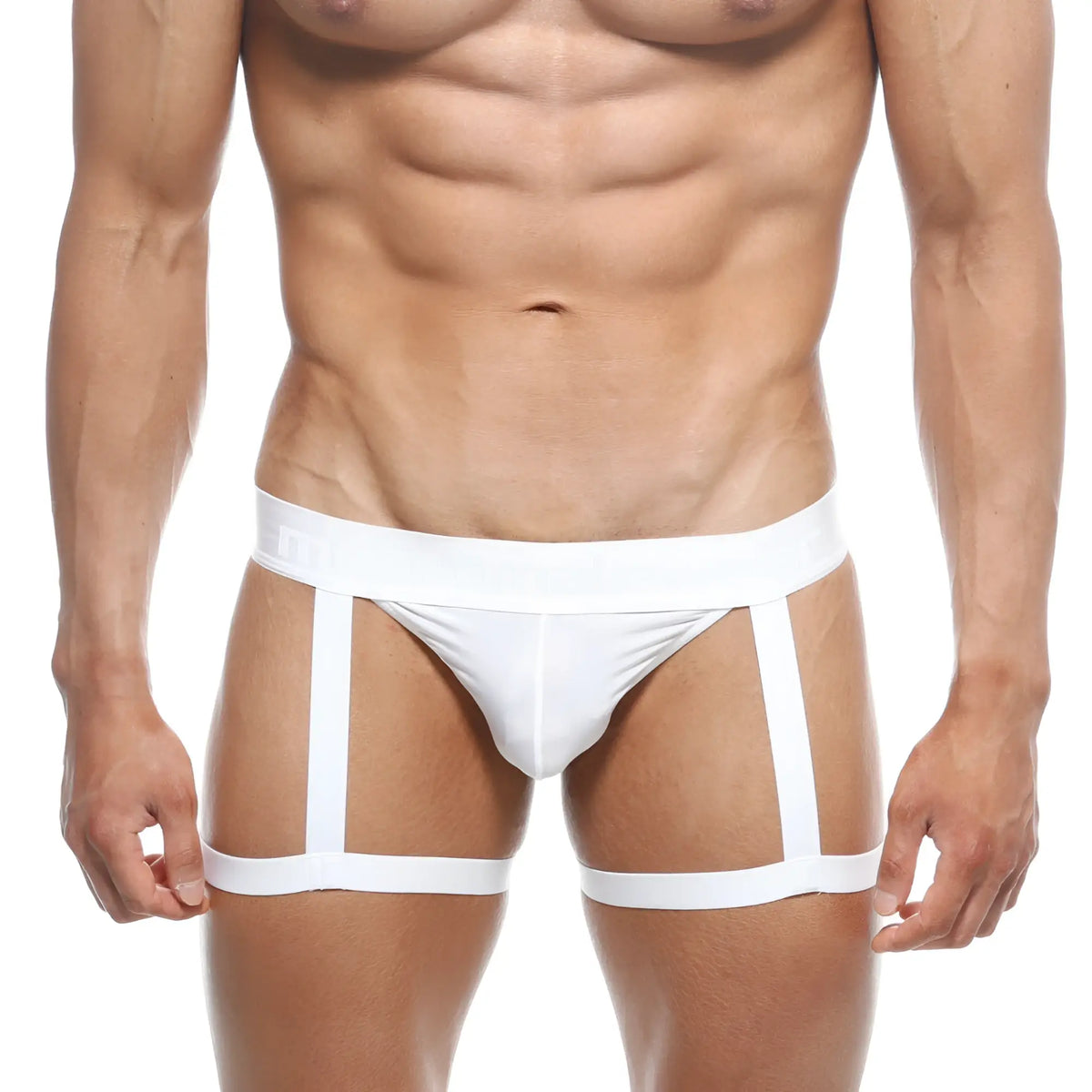 Metro male wear white minimalist briefs with supportive design and three vertical straps for added structure