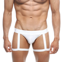 Metro male wear white minimalist briefs with supportive design and three vertical straps for added structure