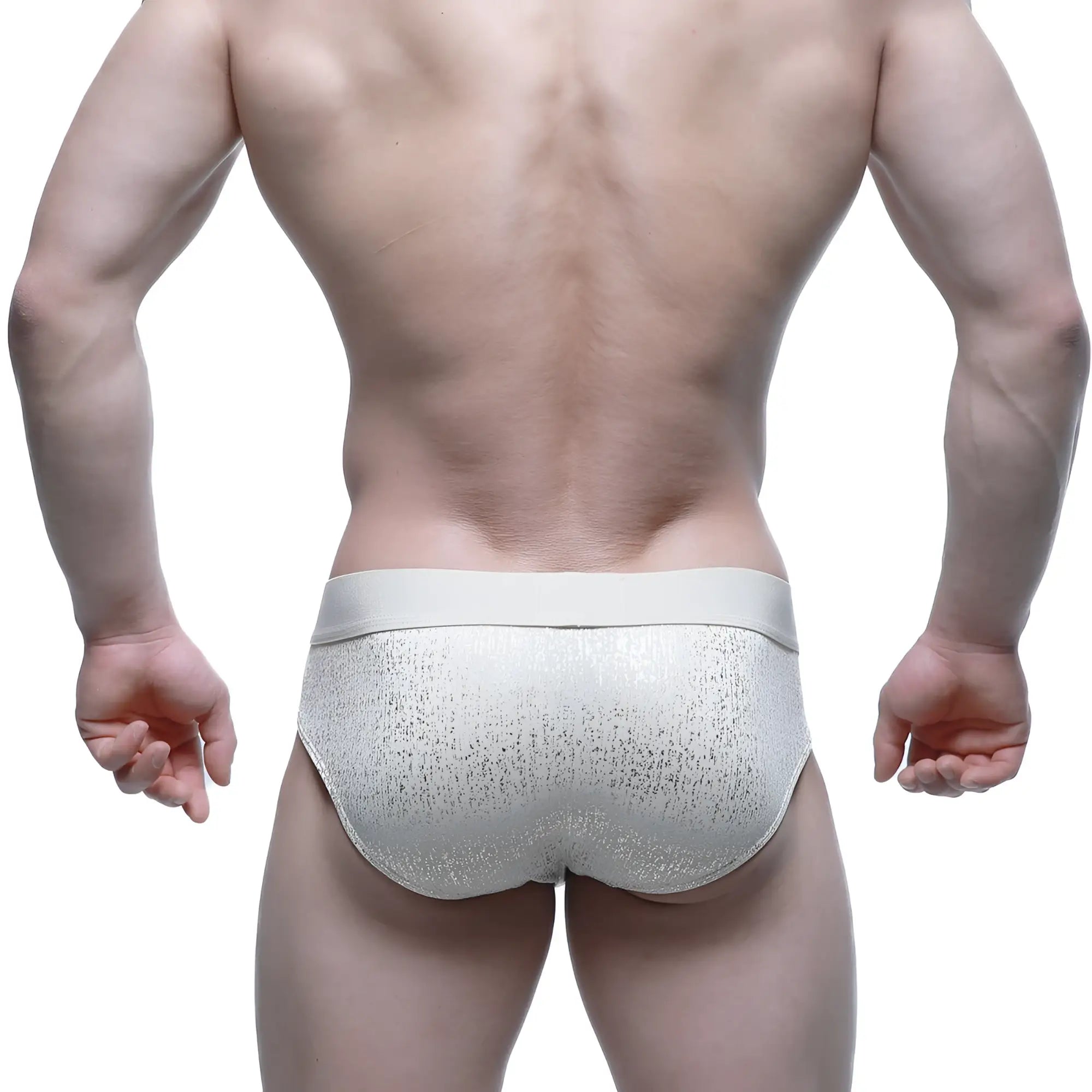 MetroMaleWear Gloria Brief 5003-57 silver glitter textured briefs with solid light gray waistband front view