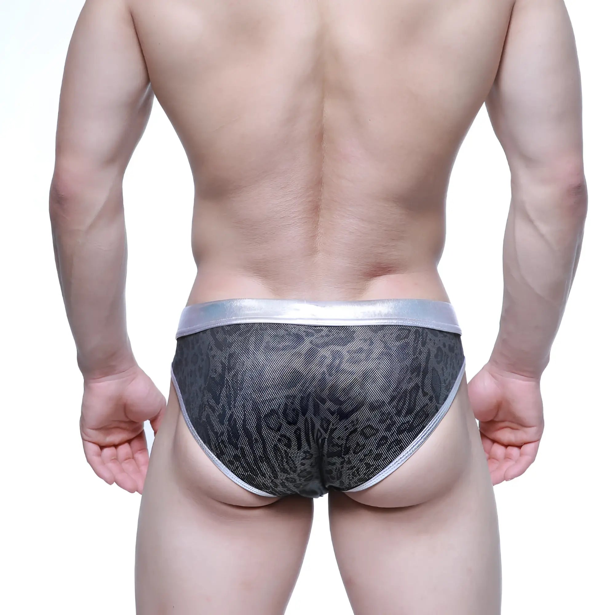MetroMaleWear gloss bikini silver 2803-51 gray patterned briefs with metallic silver waistband and trim
