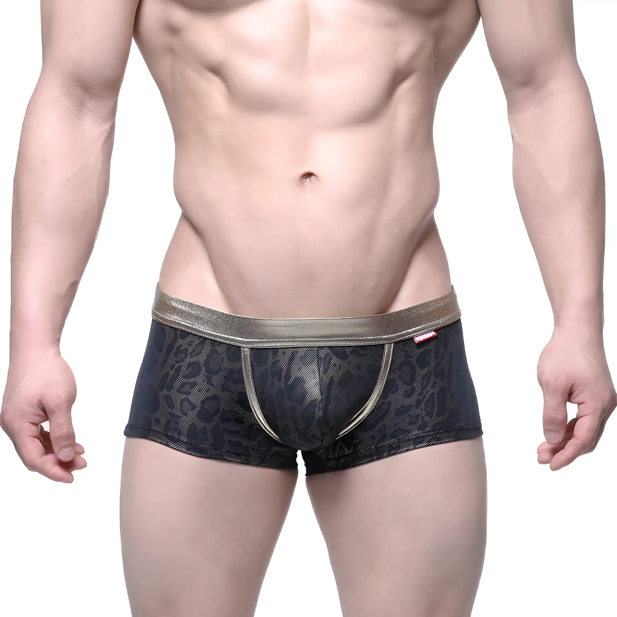Black leopard-print boxer briefs with metallic gold waistband and trim from MetroMaleWear GLOSS Trunk Gold 2026-78