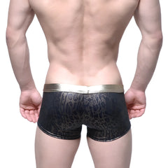 MetroMaleWear gloss trunk gold 2026-78 black leopard print briefs with shiny gold waistband front view