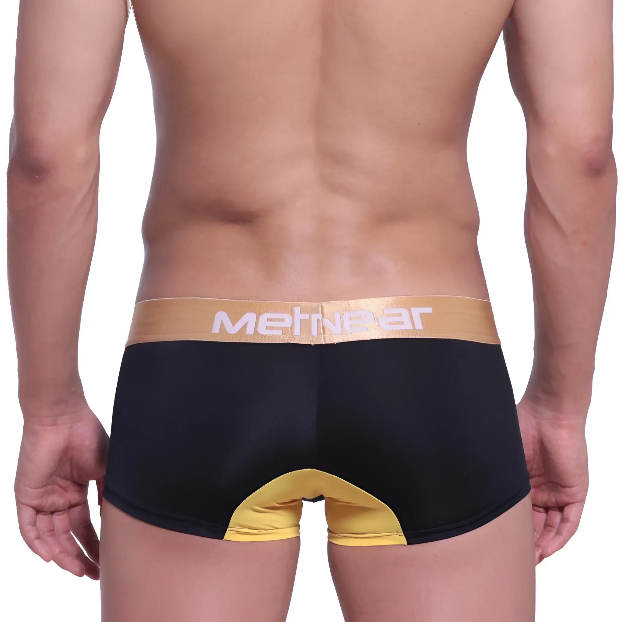 Black and gold MetroMaleWear goldmine short boxer 7 inch 2022-C20 showing contrasting yellow back panel briefs
