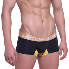 Black mens briefs with gold waistband metromalewear logo and yellow leg accents metroMalewear goldmine short boxer 7inch