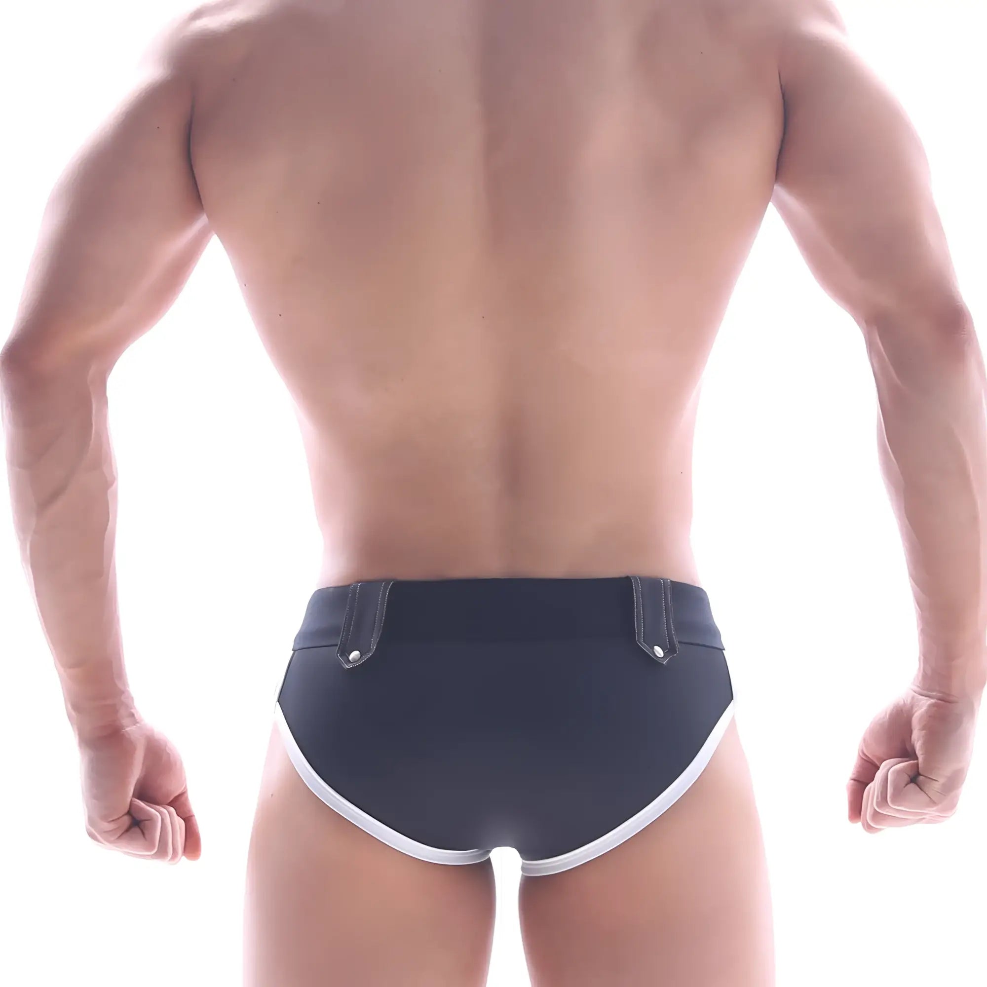 MetroMaleWear Gothic swim brief black 4927-20 with white trim and silver-toned belt loops for swimwear use