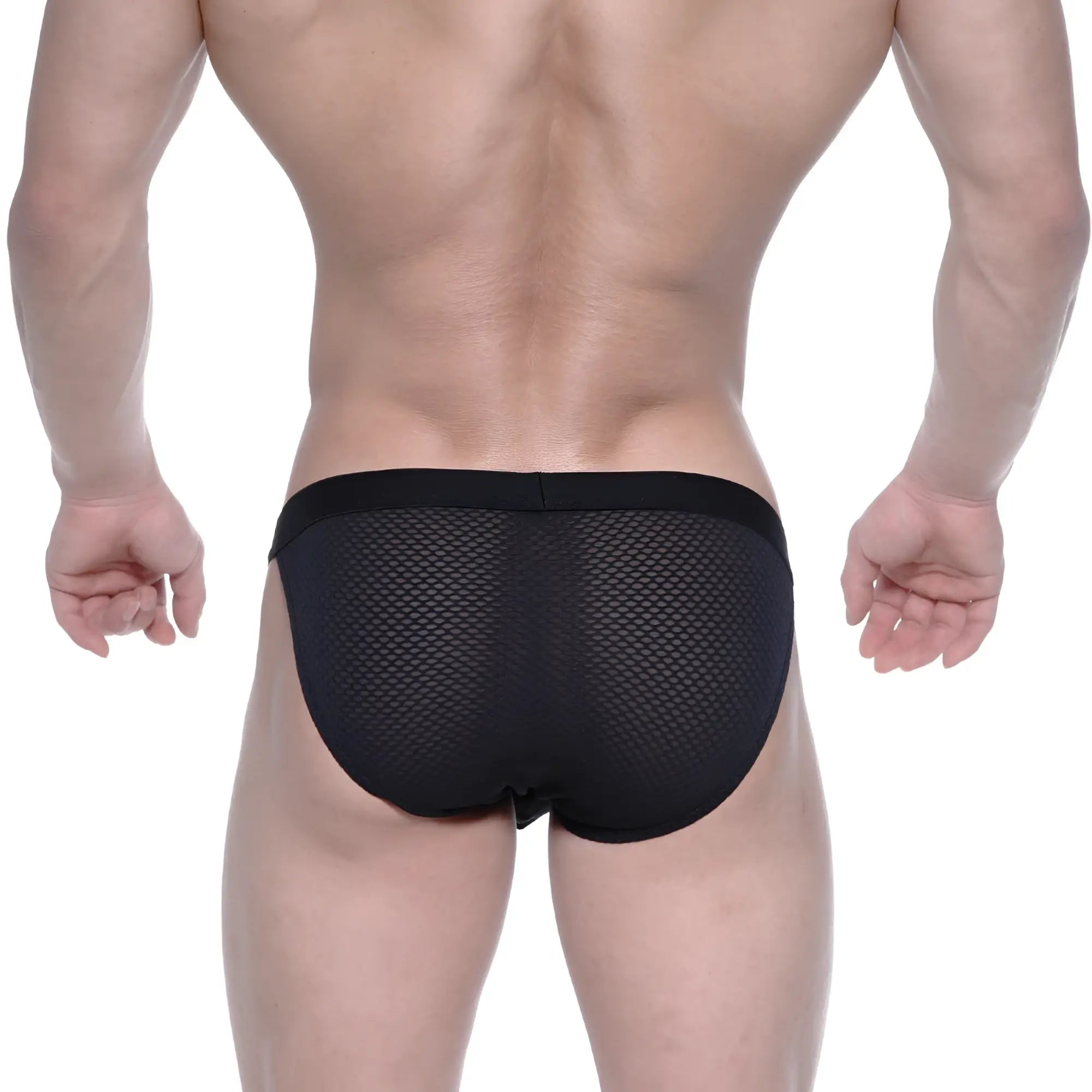 MetroMaleWear Grabit bikini black mesh briefs with a solid waistband highlighting breathable material design