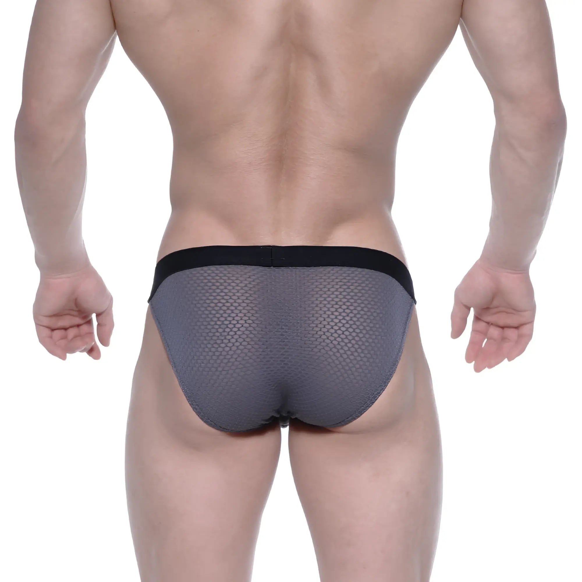 Grayscale mesh briefs with black elastic waistband by MetroMaleWear Grabit Bikini 3105-72 front view
