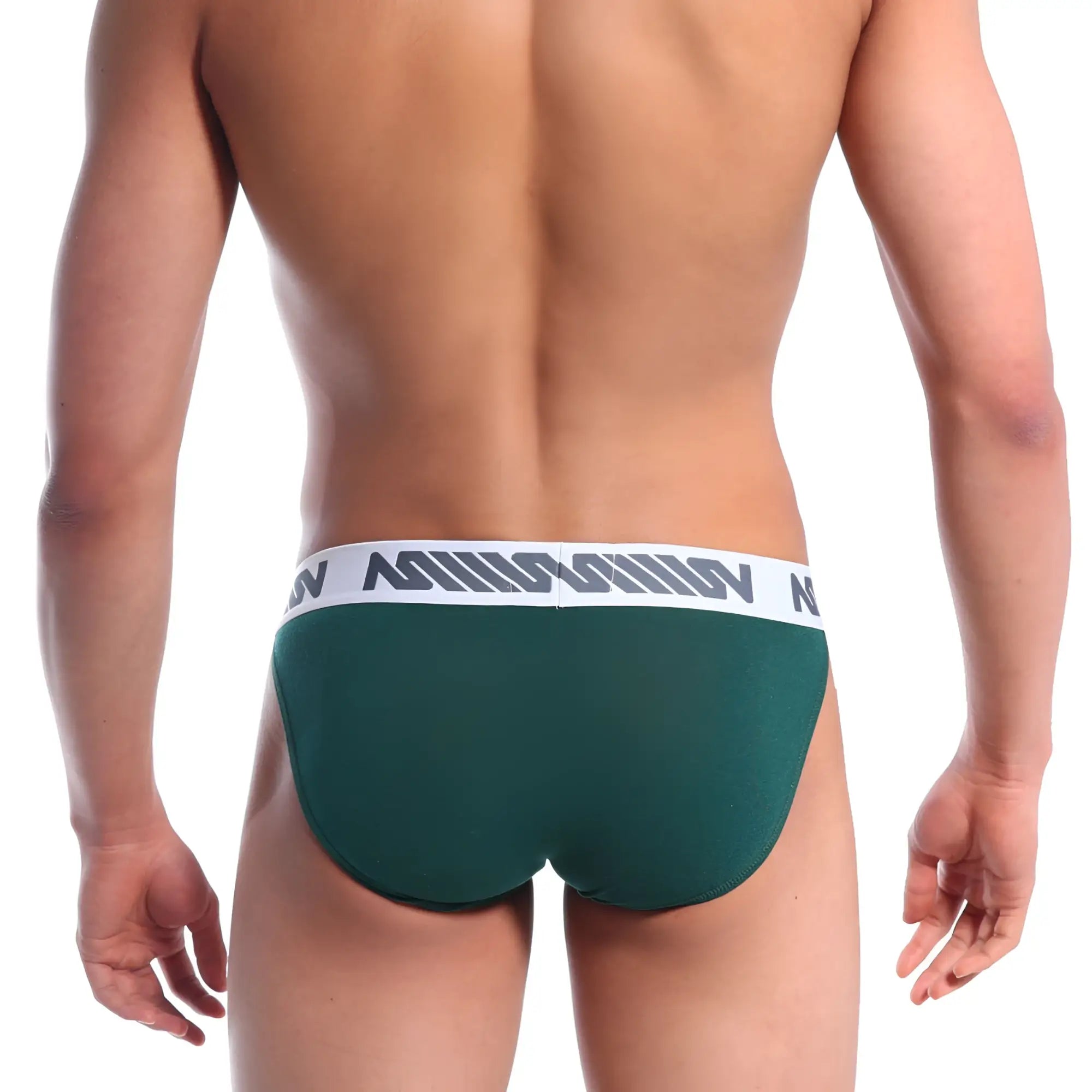 MetroMaleWear Grabit bikini pine green athletic briefs with dark green fabric and white elastic waistband with gray logo pattern