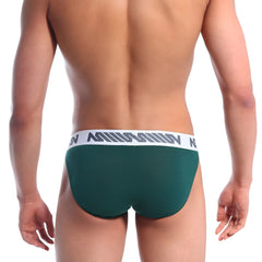 MetroMaleWear Grabit bikini pine green athletic briefs with dark green fabric and white elastic waistband with gray logo pattern