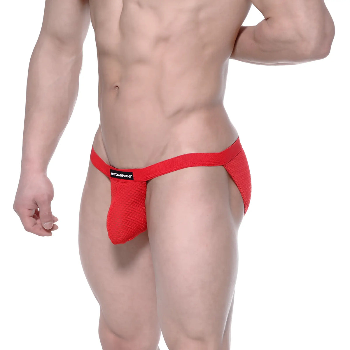 Red mesh jockstrap with black brand label by MetroMaleWear Grabit Bikini 3105-73 shown from the back side