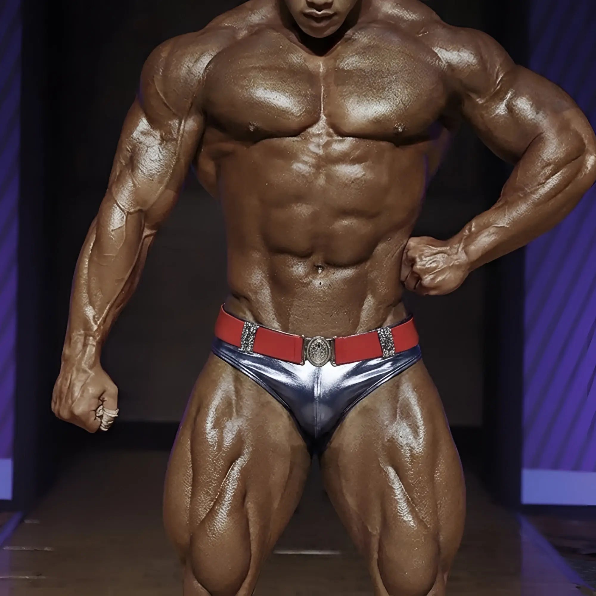 Shiny silver metallic swim briefs with red belt and decorative buckle metroMalewear gravity metal navy 4946-28
