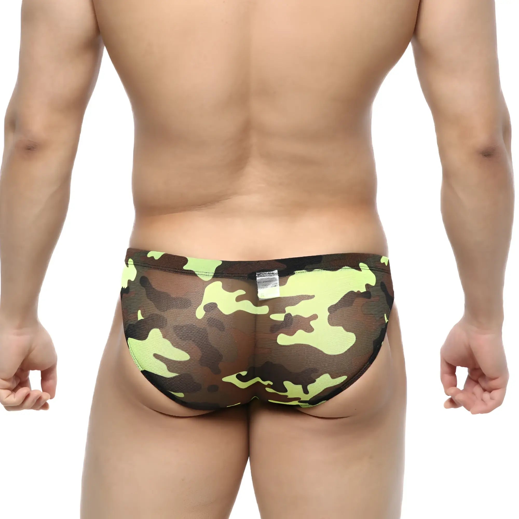 Metromalewear green camo hip brief 5103-81 in green and black camouflage mesh fabric for breathable comfort