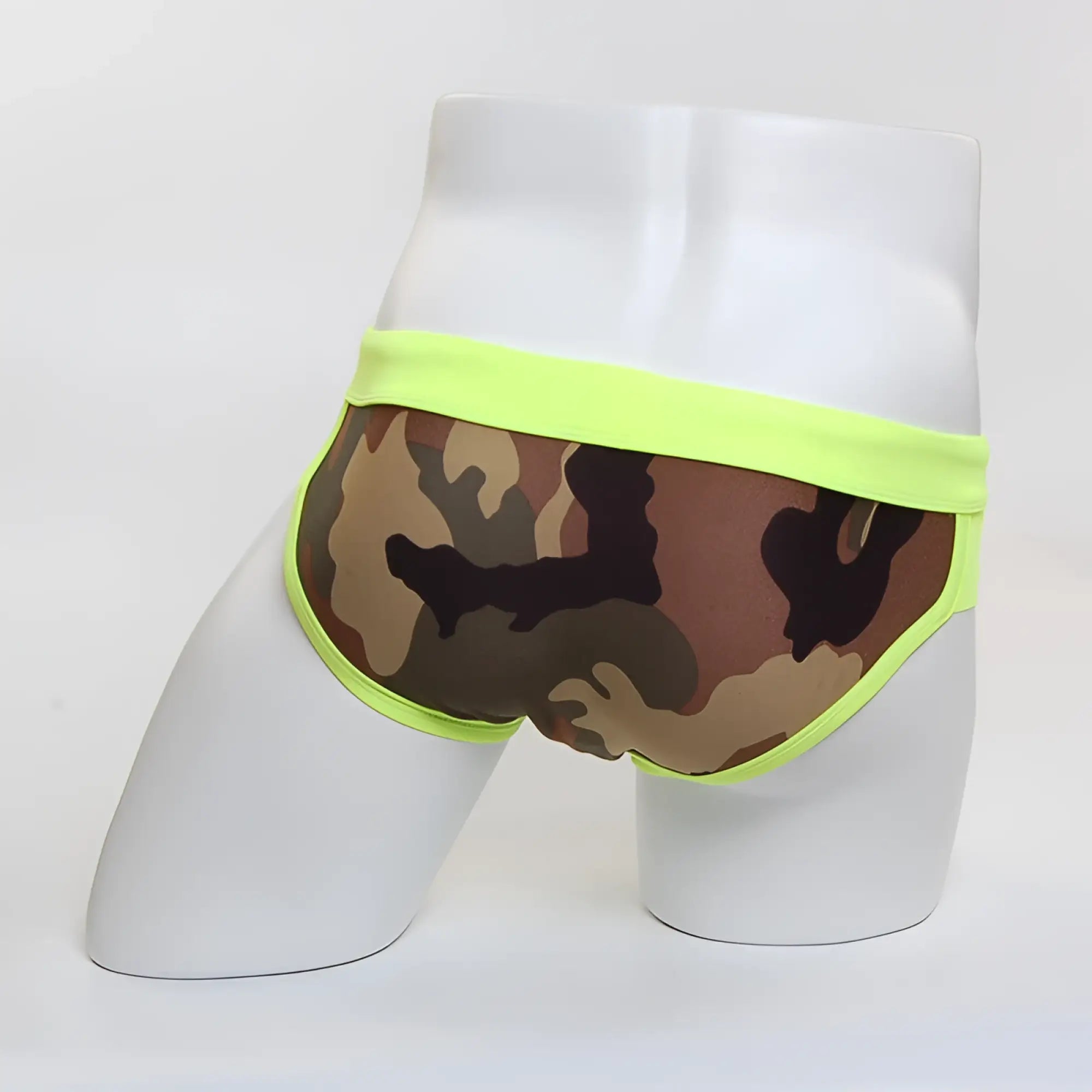 Neon green-trimmed camouflage men’s briefs metro male wear green camo split swim brief 4923-82 front view