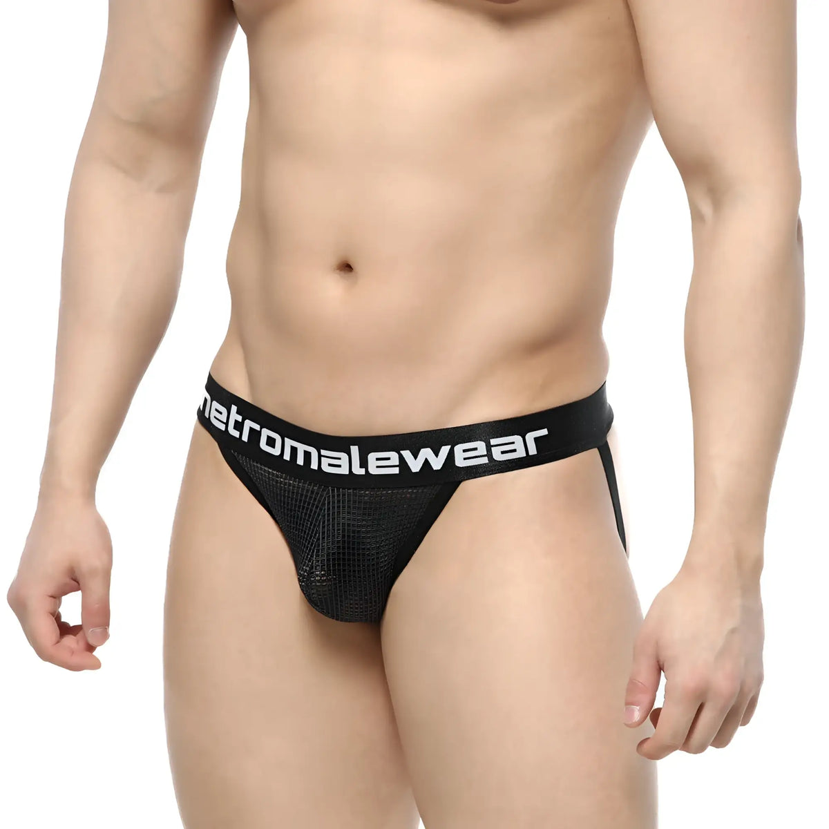 Black mesh briefs with white metromalewear logo band from MetroMaleWear Grid Mesh Jockstraps 2901-35 product
