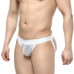White metro male wear grid mesh jockstraps briefs with smooth elastic waistband made of breathable mesh fabric