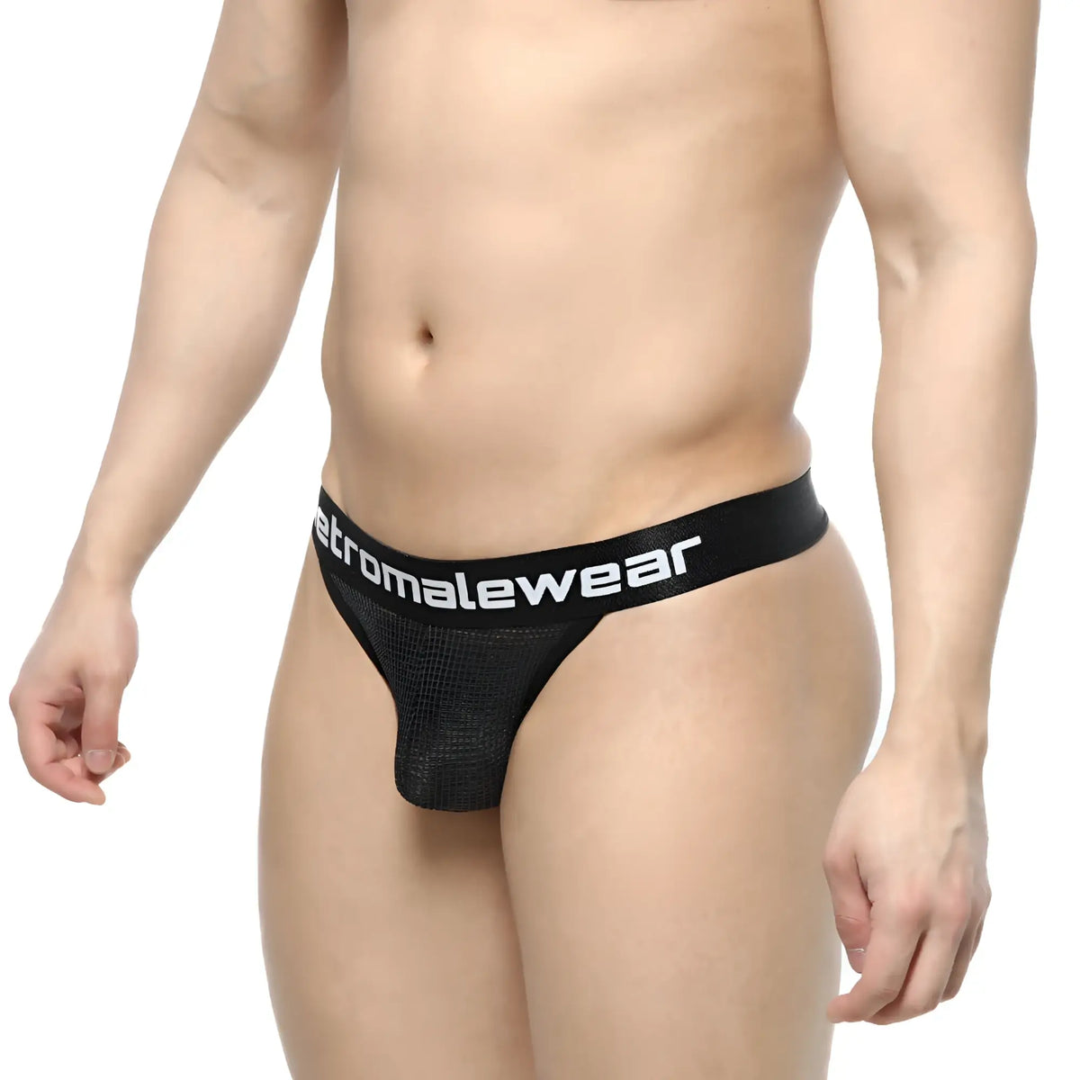 Black mesh briefs with branded waistband from MetroMaleWear featuring breathable grid mesh fabric in black