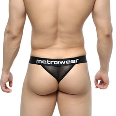 Black mesh thong with metro wear branded waistband from MetroMaleWear Grid Mesh Thong Black 2912-35 front view