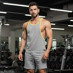 MetroMaleWear gym tank top grey 3128-10 gray athletic fabric with yellow trim and small black logo on lower left side