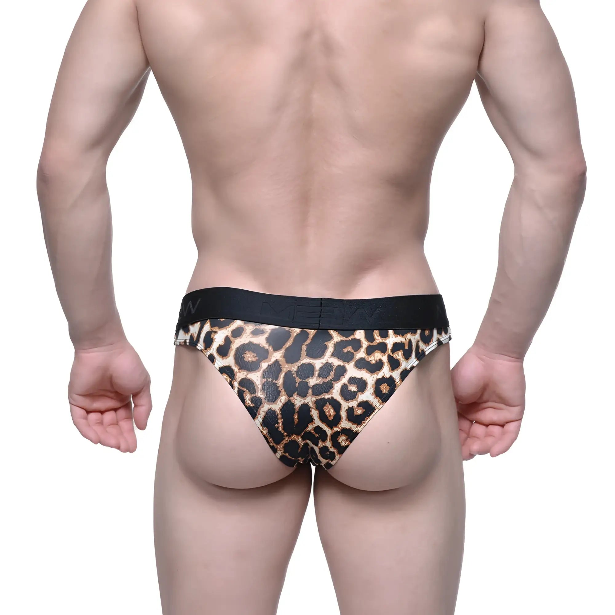 Metro male wear half back bikini leopard print men’s briefs with black elastic waistband in leopard pattern