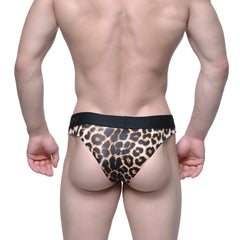 Metro male wear half back bikini leopard print men’s briefs with black elastic waistband in leopard pattern