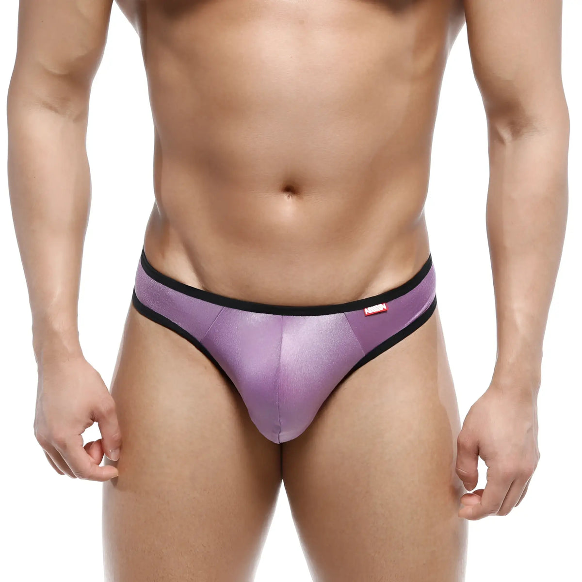 MetroMaleWear half-bikini thong purple metallic briefs with black trim showing front side details