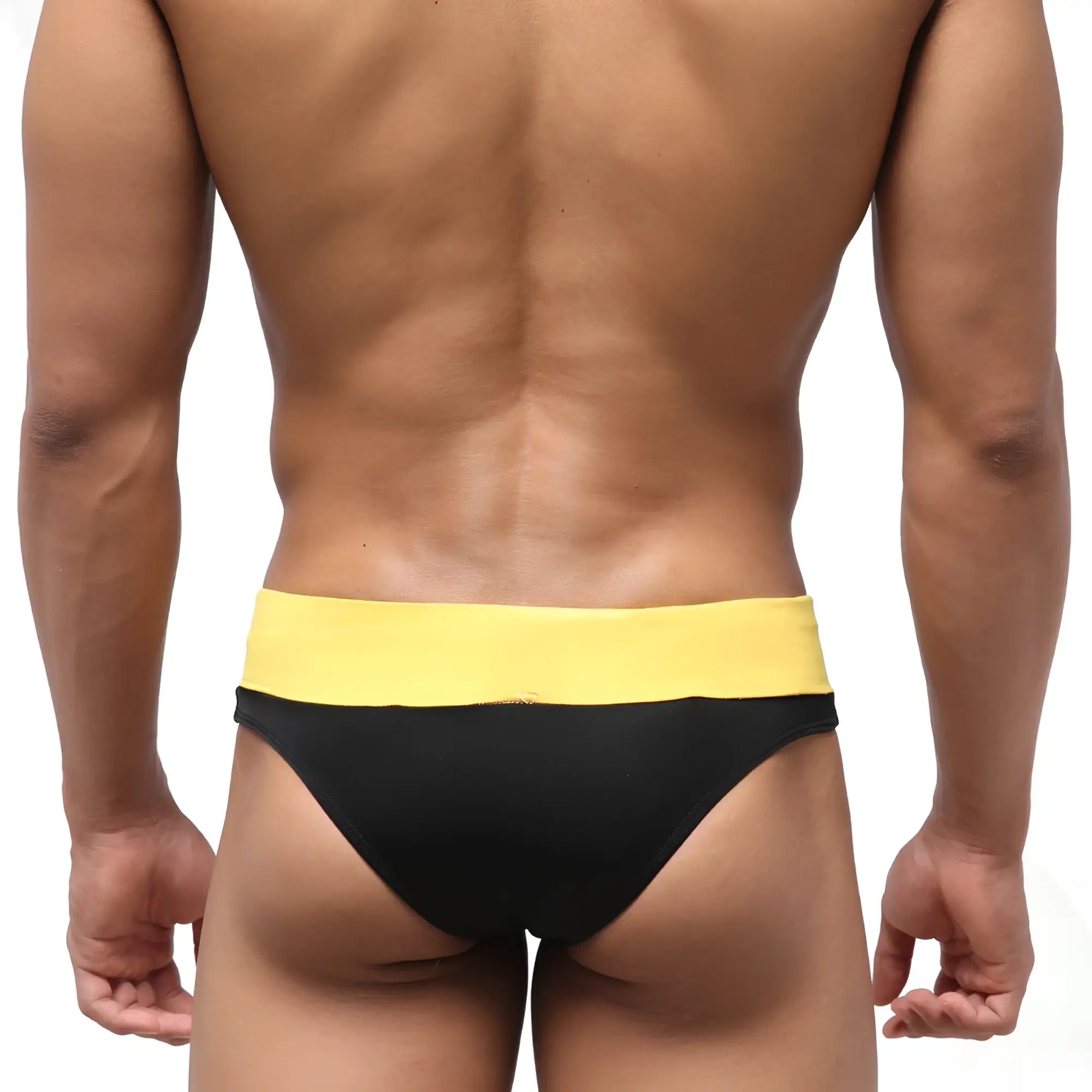 Black and yellow metroMaleWear halfback swim bikini with wide elastic waistband for comfortable fit