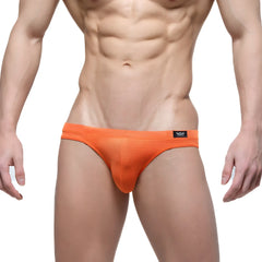 Bright orange mesh briefs with black logo tag on waistband metroMaleWear halloween bikini 5103-M14