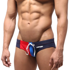 Navy blue red and royal blue metroMalewear harbour swim bikini trunks with white drawstring and annu branding