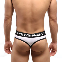 White and black thong with metro male wear branding on waistband designed for stylish comfort and fit