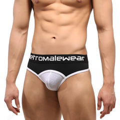 Black and white athletic briefs with perforated mesh panel and etromalewear branded waistband metro malewear hat thong white