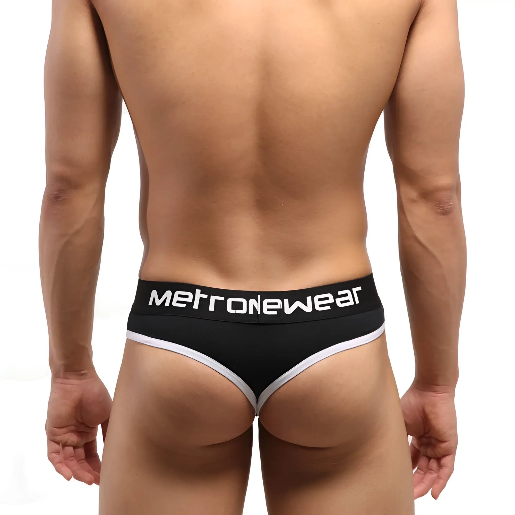 Black MetroMaleWear briefs with white trim and branding designed for comfortable everyday wear
