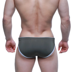 MetroMaleWear Havana short boxer green swim trunks in dark olive with white trim on waistband and leg openings