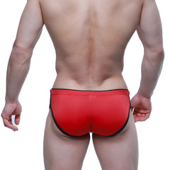 MetroMaleWear Havana short boxer red swim trunks with black trim designed for comfortable swimwear use