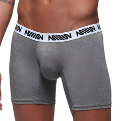 Gray heathered boxer briefs with 10 inch length and white waistband featuring black repeating metro male wear logo text