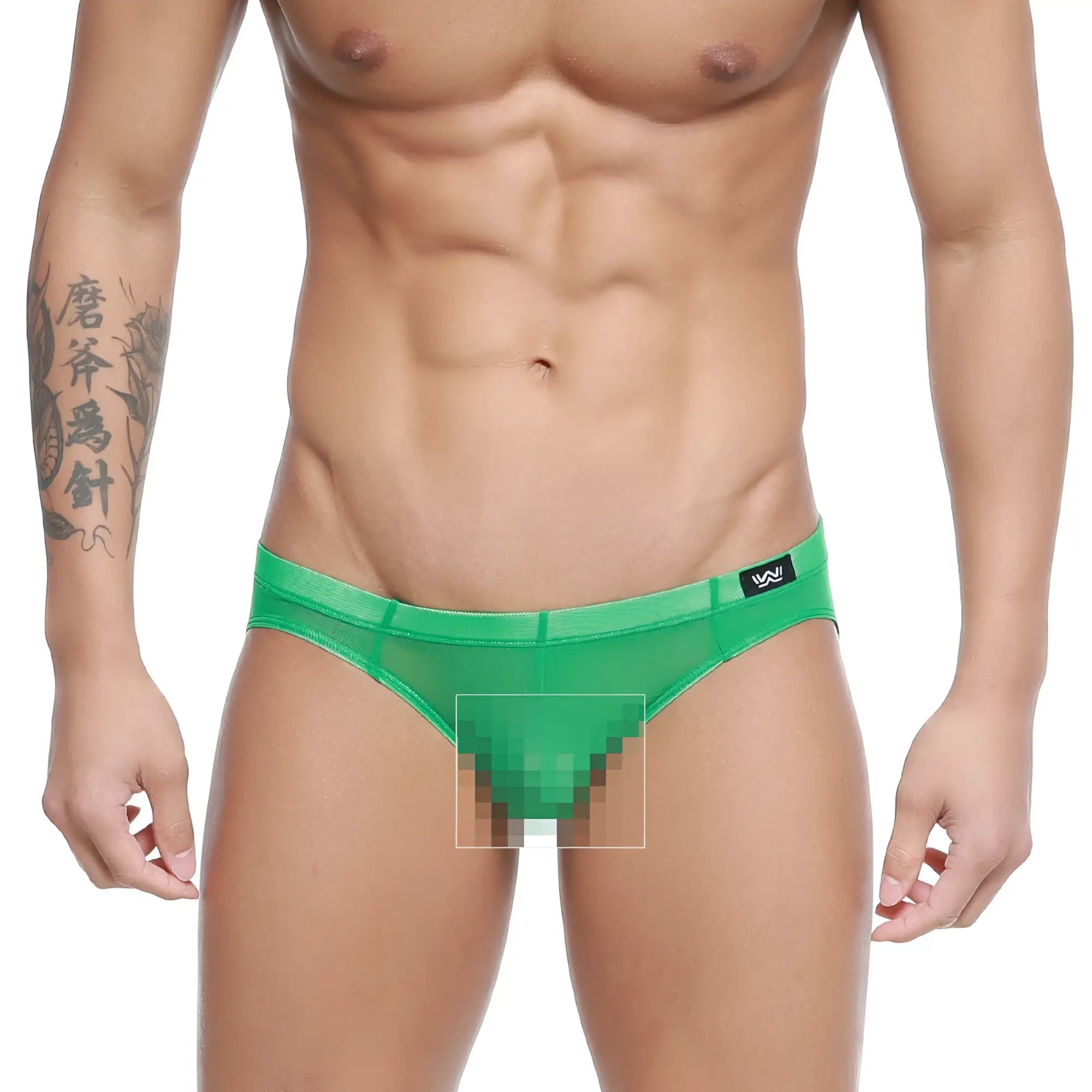 Green mesh briefs with black logo waistband metroMalewear hierba bikini 5103-M17 front view