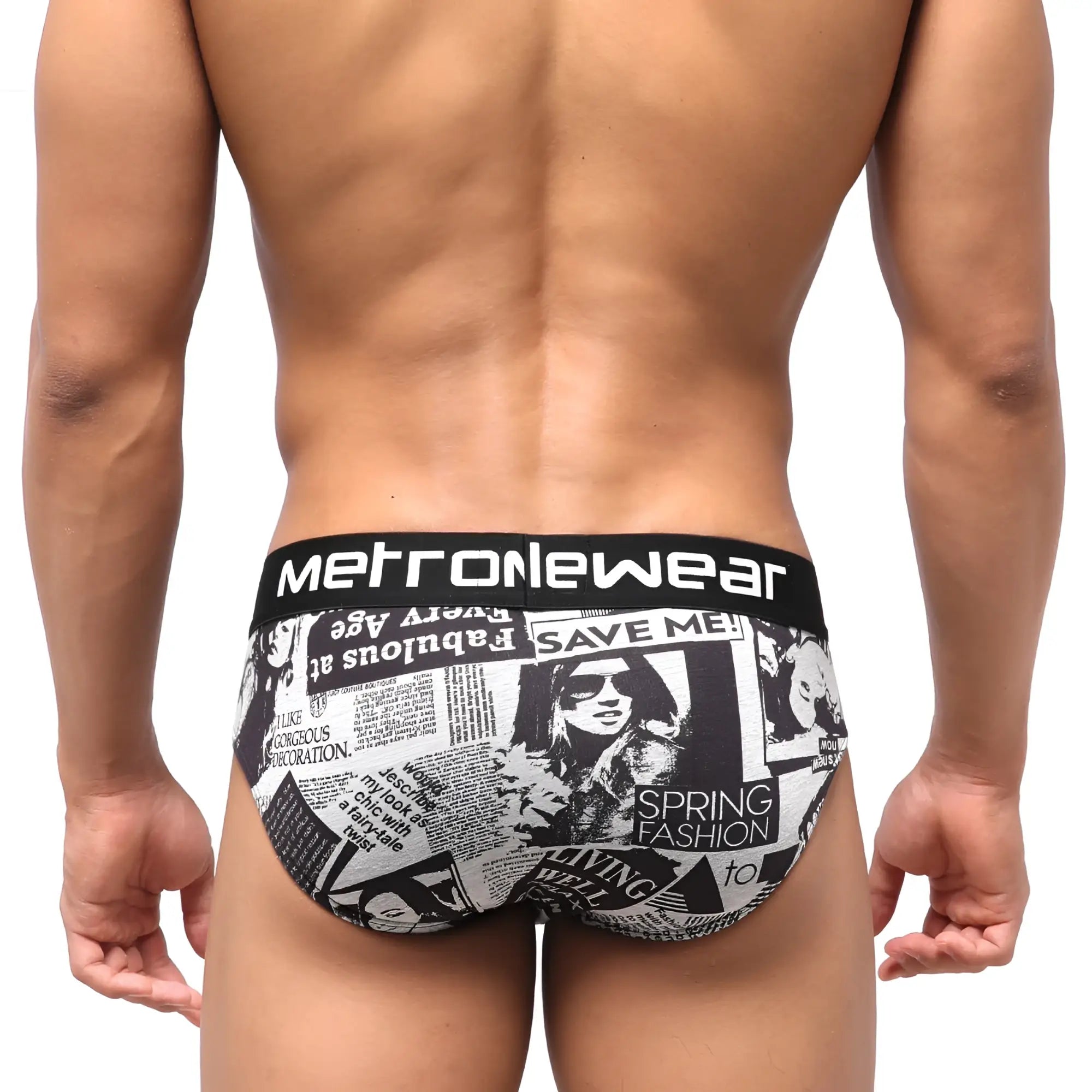 Black and white newspaper print highcut hip briefs with bold metronewear waistband for stylish comfort