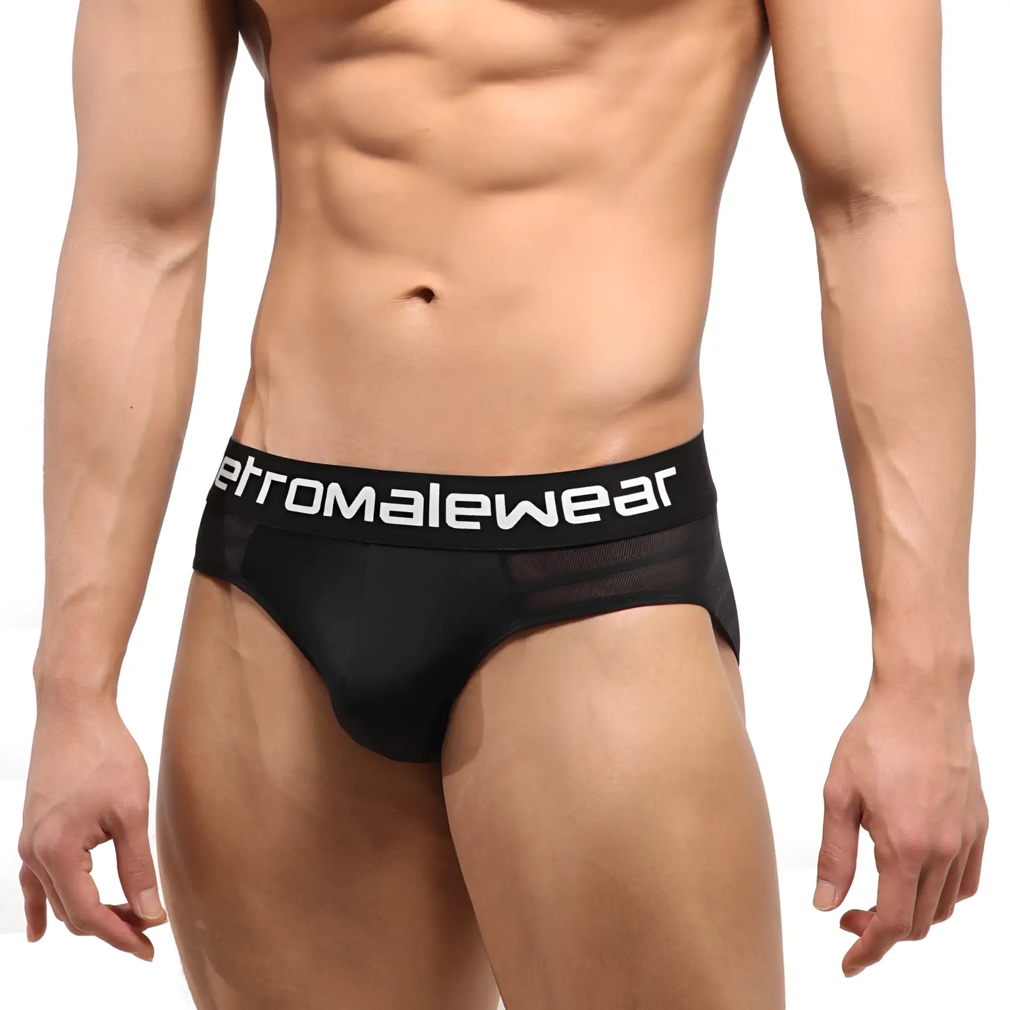 Black men’s highcut hip briefs with mesh stripe and etromalewear logo waistband in black 5103-41